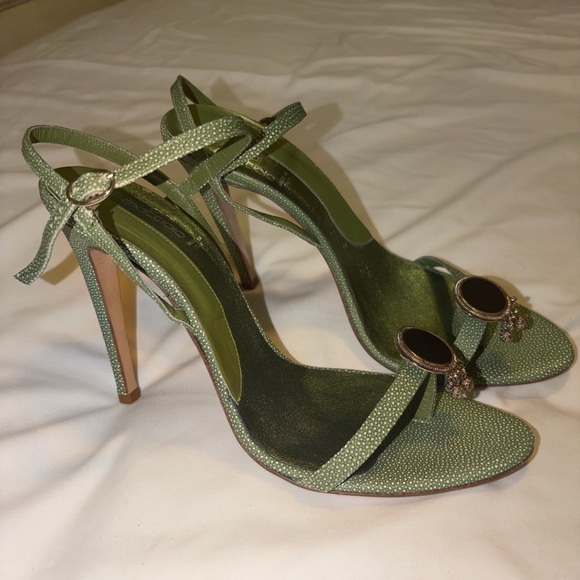 Leather mint green Strappy High Heel Sandals with Embellished Accent. - Picture 7 of 11
